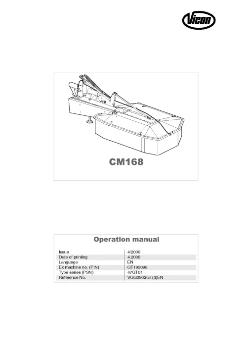 Vicon CM 168 Mower Conditiner 2009 47GT01 Operation Maintenance Manual PDF download