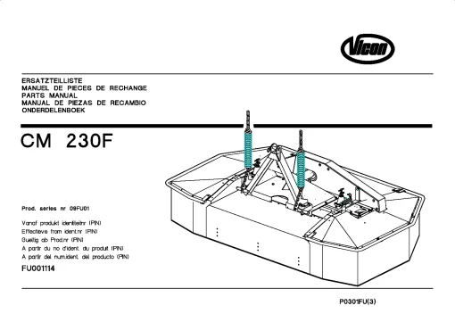 Vicon CM 203F Mower Conditioner 09FU01 Parts Manual Catalog Pdf Download
