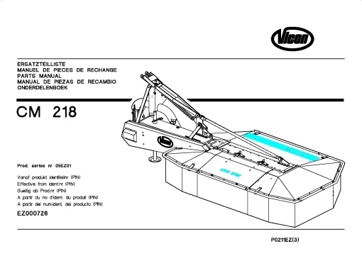 Vicon CM 218 Mower Conditioner 2002 05EZ01 Parts Manual Catalog Pdf Download