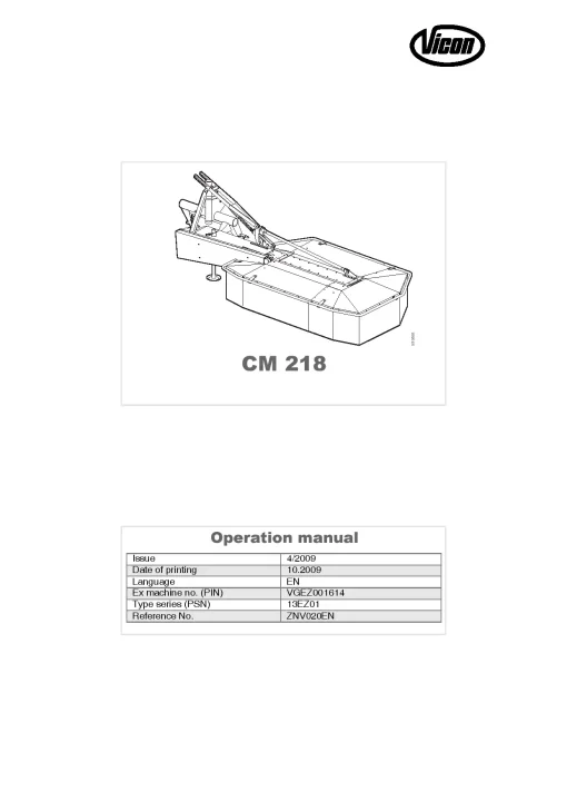 Vicon CM 218 Mower Conditioner 2009 13EZ01 Operation Maintenance Manual PDF download