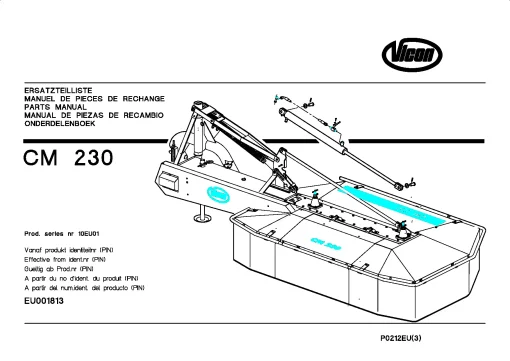 Vicon CM 230 Mower Conditiner 2003 10EU01 Parts Manual Catalog Pdf Download