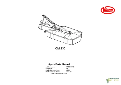 Vicon CM 230 Mower Conditiner 2005 13EU01 Parts Manual Catalog Pdf Download