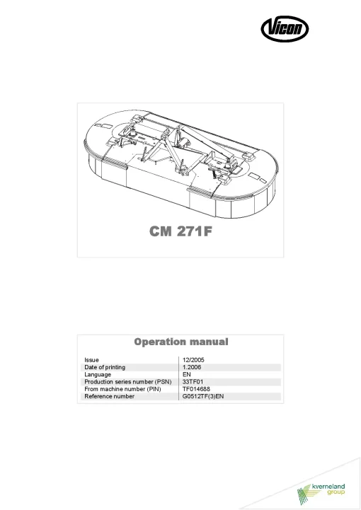 Vicon CM 271F Mower Conditioner 2006 33TF01 Operation Maintenance Manual PDF download