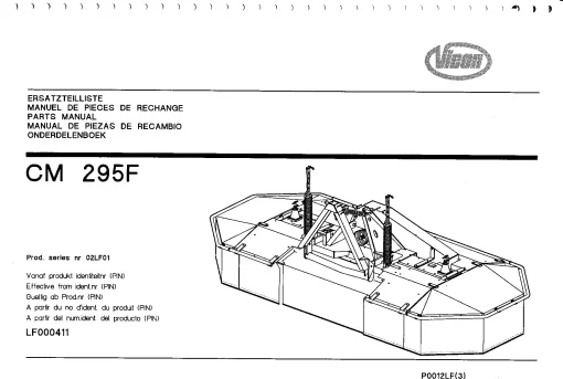 Vicon CM 295F Mower Conditioner P0012LF(3) Parts Manual Catalog Pdf Download