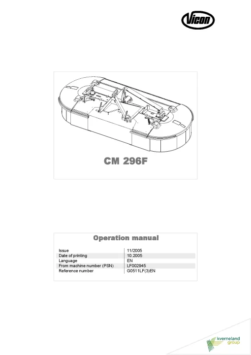 Vicon CM 296F Mower Conditioner 2005 LF002945 Operation Maintenance Manual PDF download