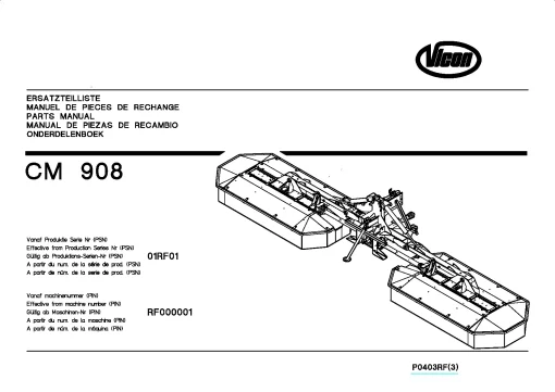 Vicon CM 908 Mower Conditiner 2004 01RF01 Parts Manual Catalog Pdf Download