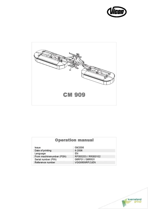 Vicon CM 909 Mower Conditiner 2006 06RF01 06RR01 Operation Maintenance Manual PDF download