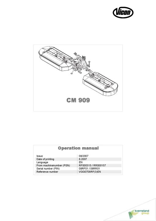 Vicon CM 909 Mower Conditiner 2007 08RF01 08RR01 Operation Maintenance Manual PDF download