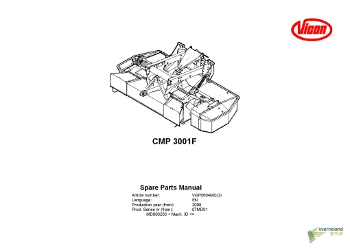 Vicon CMP3001F Mower Conditioner 2008 07MD01 Parts Manual Catalog Pdf Download