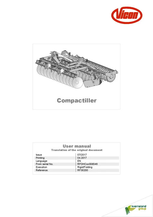 Vicon Compactiller Disc Harrow 2017 Operation Maintenance Manual PDF download