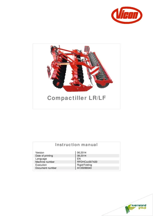 Vicon Compactiller LR LF Disc Harrow 2014 Operation Maintenance Manual PDF download