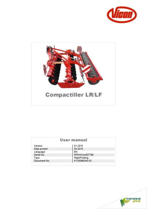 Vicon Compactiller LR LF Disc Harrow 2015 Operation Maintenance Manual PDF download