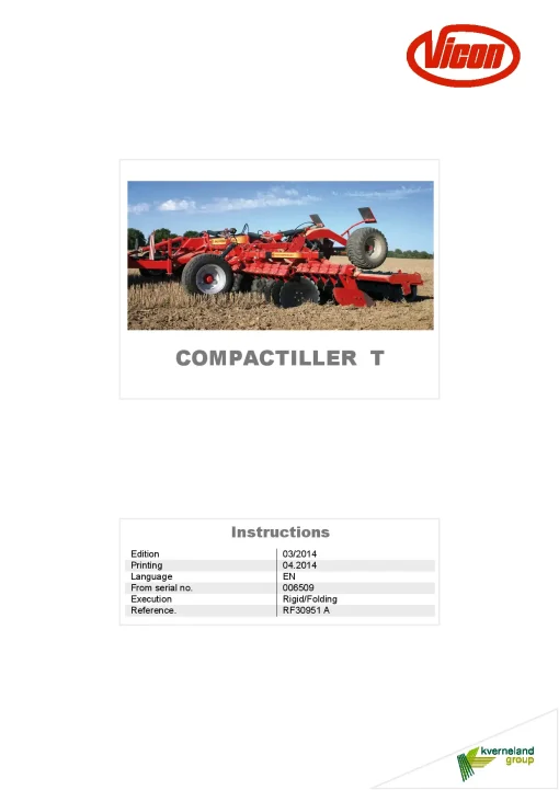 Vicon Compactiller T Disc Harrow 2014 Operation Maintenance Manual PDF download