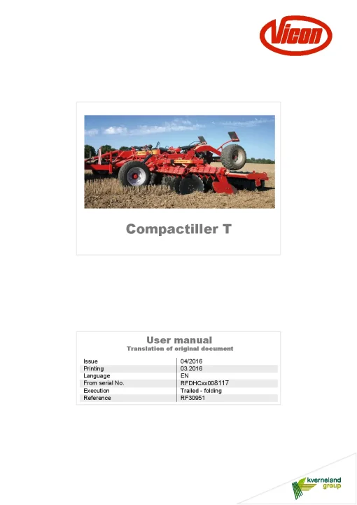 Vicon Compactiller T Disc Harrow 2016 Operation Maintenance Manual PDF download