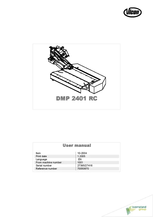 Vicon DMP 2401RC Vario Mower Conditioner 2004 Operation Maintenance Manual PDF download