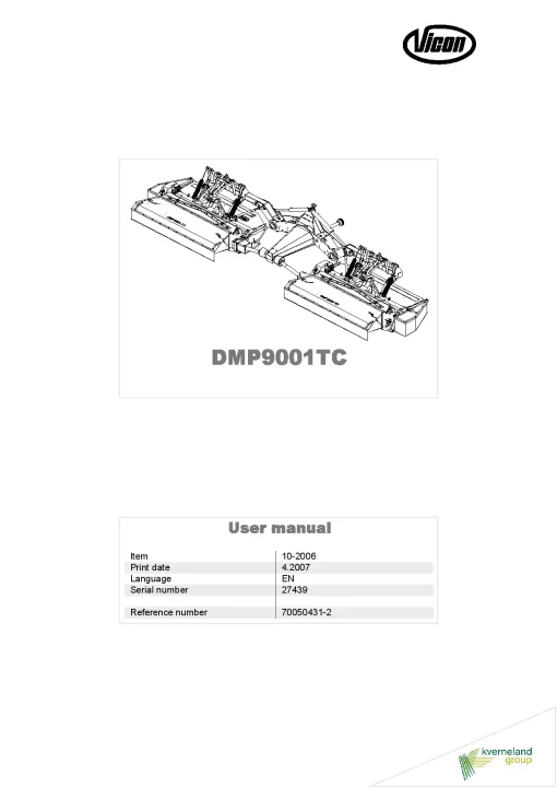 Vicon DMP 9001TC Mower Conditioner 2007 Operation Maintenance Manual PDF download