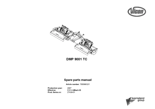 Vicon DMP 9001TC Mower Conditioner 2007 Sn 27439-01 Parts Manual Catalog Pdf Download