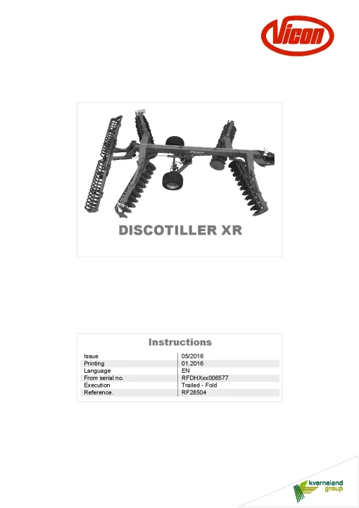Vicon Discotiller XR Disc Harrow 2016 Operation Maintenance Manual PDF download