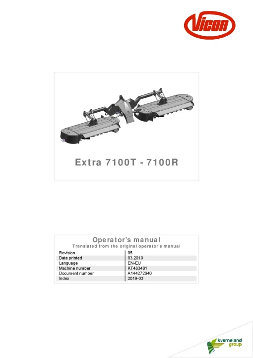 Vicon EXTRA 7100R 7100T Mower Conditioner 2019 Operation Maintenance Manual PDF download