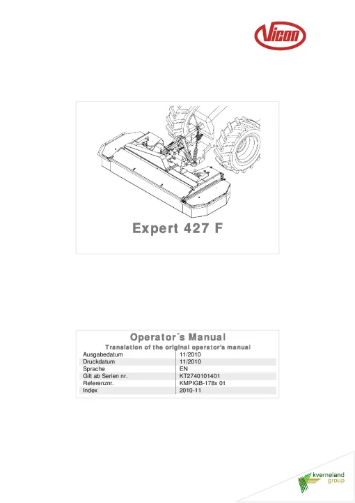 Vicon Expert 427F Mower Conditioner 2010 Operation Maintenance Manual PDF download