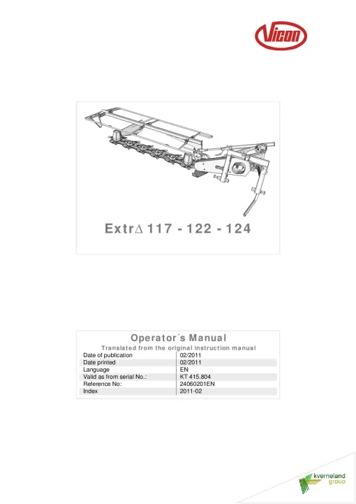 Vicon Extra 117 122 124 Mowers Disc Plain 2011 Operation Maintenance Manual PDF download