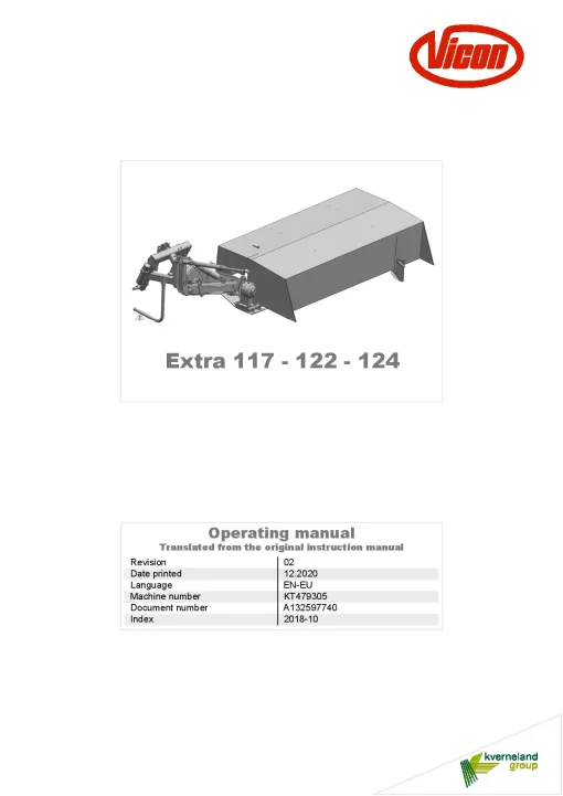 Vicon Extra 117 122 124 Mowers Disc Plain 2018 Operation Maintenance Manual PDF download