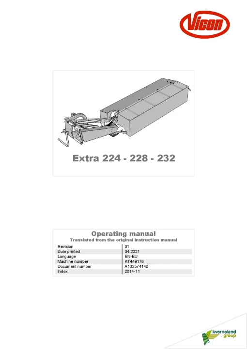Vicon Extra 224 228 232 Mowers Disc Plain 2021 Operation Maintenance Manual PDF download