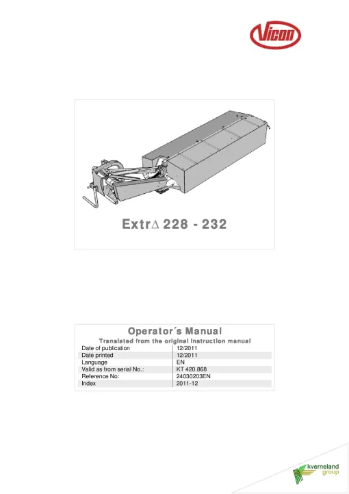 Vicon Extra 228 232 Mowers Disc Plain 2011 Operation Maintenance Manual PDF download