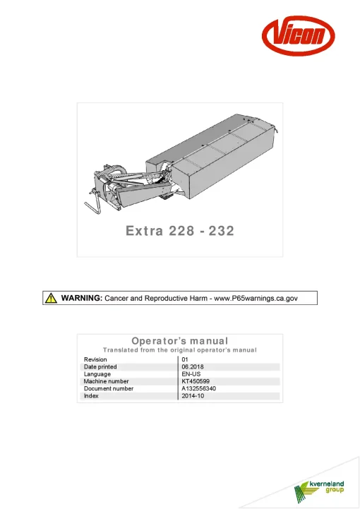 Vicon Extra 228 232 Mowers Disc Plain 2018 North America Operation Maintenance Manual PDF download