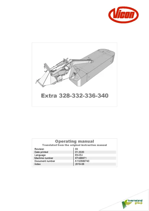 Vicon Extra 328 332 336 340 Mowers Disc Plain 2019 Operation Maintenance Manual PDF download
