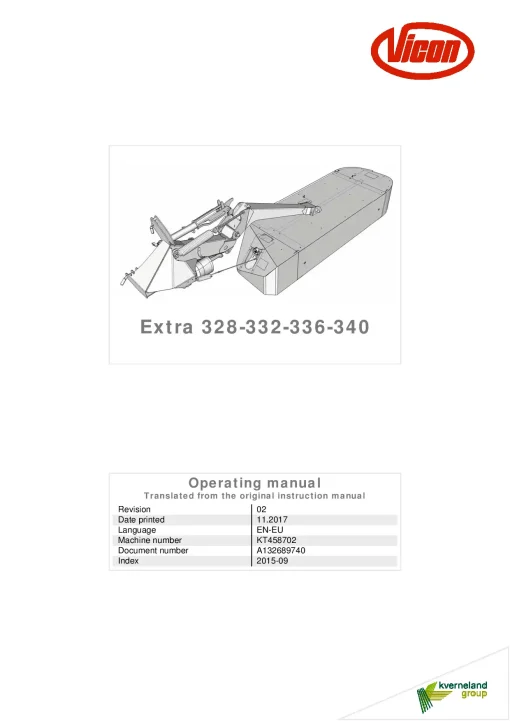 Vicon Extra 328 332 336 340 Mowers Disc Plain 2020 Operation Maintenance Manual PDF download