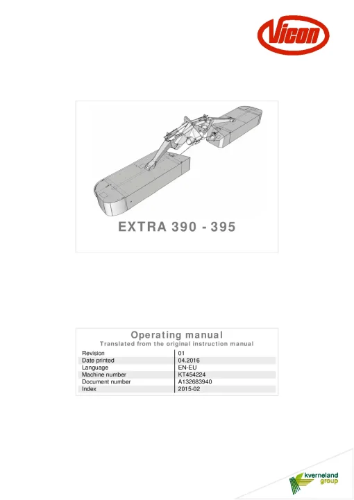 Vicon Extra 390 395 Mowers Disc Plain 2016 Operation Maintenance Manual PDF download