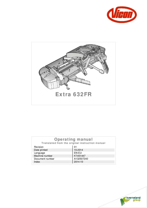 Vicon Extra 632FR Mower Conditioner 2014 Operation Maintenance Manual PDF download