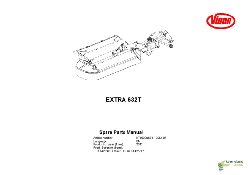 Vicon Extra 632T Mower Conditioner 2012 Sn KT425666-425667 Parts Manual Catalog Pdf Download