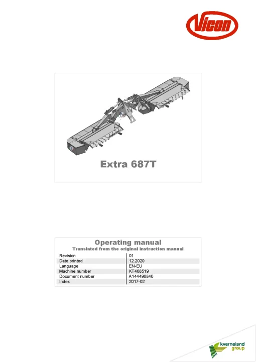 Vicon Extra 687T Mower Conditioner 2020 Operation Maintenance Manual PDF download