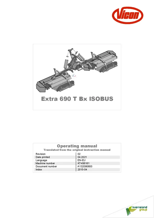 Vicon Extra 690T Bx ISOBUS Mower Conditioner 2021 Operation Maintenance Manual PDF download