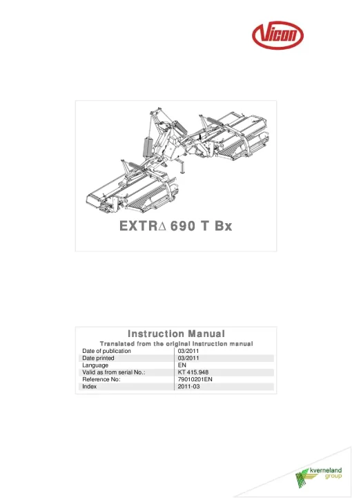 Vicon Extra 690T Bx Mower Conditioner 2011 Operation Maintenance Manual PDF download