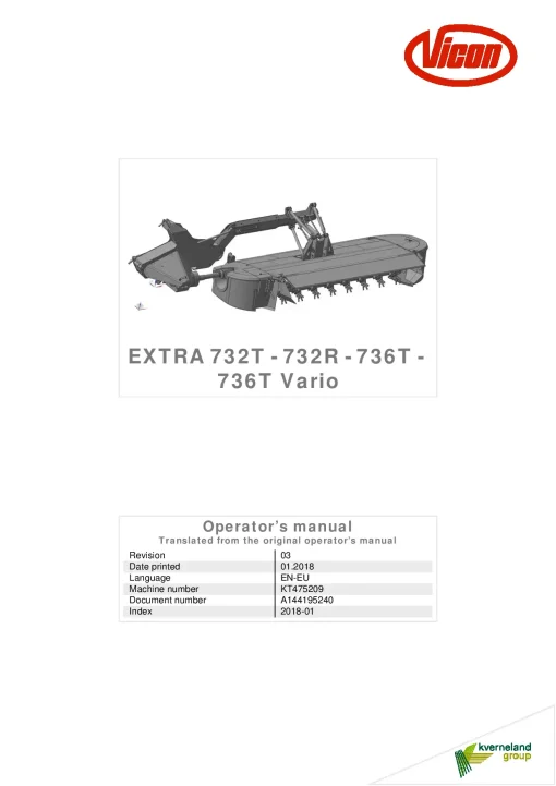 Vicon Extra 732T 732R 736T 736T Vario Mower Conditioner 2018 Operation Maintenance Manual PDF download