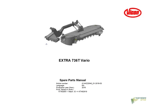 Vicon Extra 736T Vario Mower Conditioner 2016 Sn KT462601-KT462619 Parts Manual Catalog Pdf Download