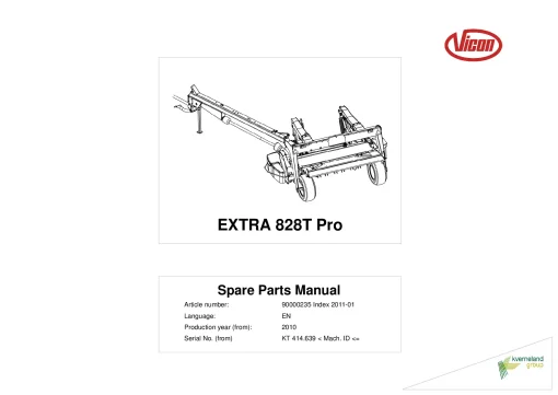 Vicon Extra 828T Pro Mower Conditioner 2010 Sn KT 414639 Parts Manual Catalog Pdf Download