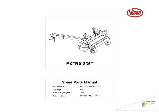 Vicon Extra 835T Mower Conditioner 2007 Parts Manual Catalog Pdf Download