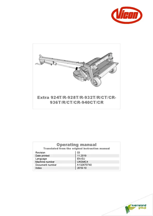 Vicon Extra 924 928 932 936 940-T R CT CR Pro Mower Conditioner 2019 Operation Maintenance Manual PDF download