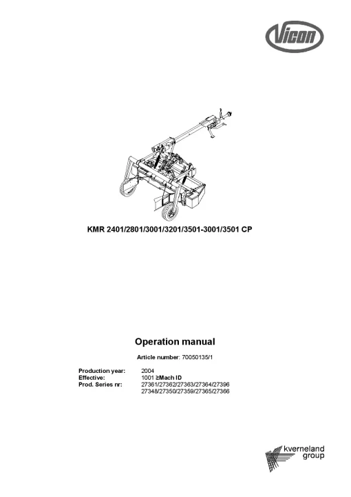 Vicon Extra KMR 2401 2801 3001 3501 CP Mower Conditioner 2004 Parts Manual Catalog Pdf Download