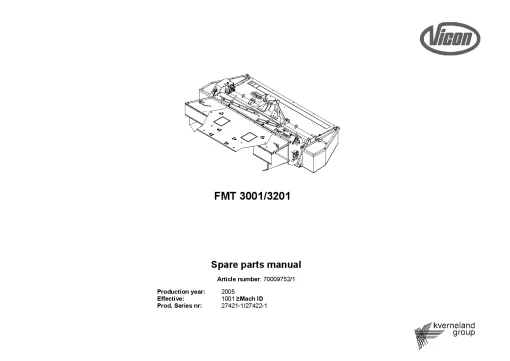 Vicon FMT 3001 3201 Mower Conditioner 2005 Sn 27421-1 27422-1 Parts Manual Catalog Pdf Download
