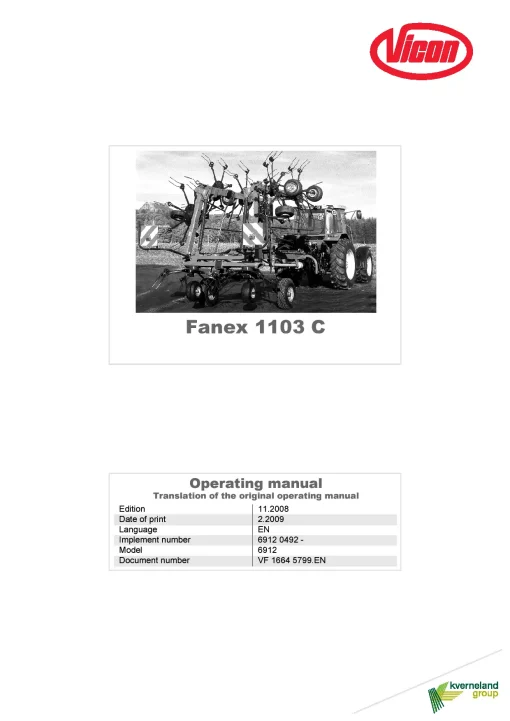 Vicon Fanex 1103C Tedders 2008 Operation Maintenance Manual PDF download