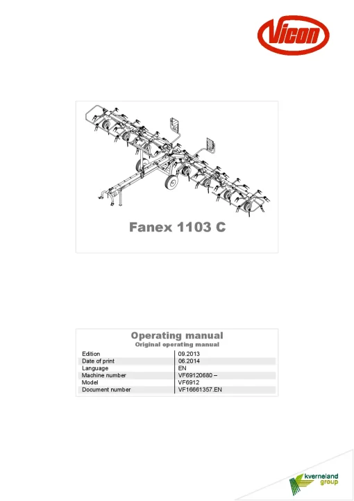 Vicon Fanex 1103C Tedders 2013 Operation Maintenance Manual PDF download