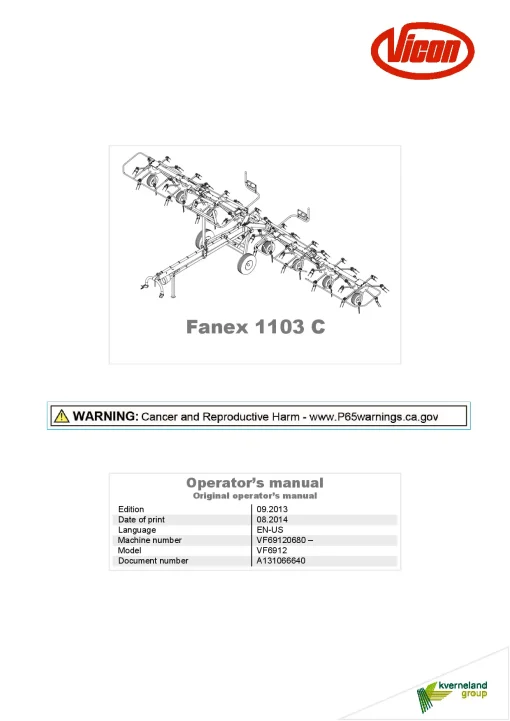 Vicon Fanex 1103C Tedders 2014 North America Operation Maintenance Manual PDF download