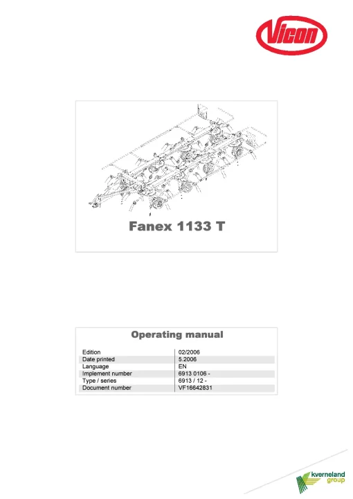 Vicon Fanex 1133T Tedders 2006 Operation Maintenance Manual PDF download