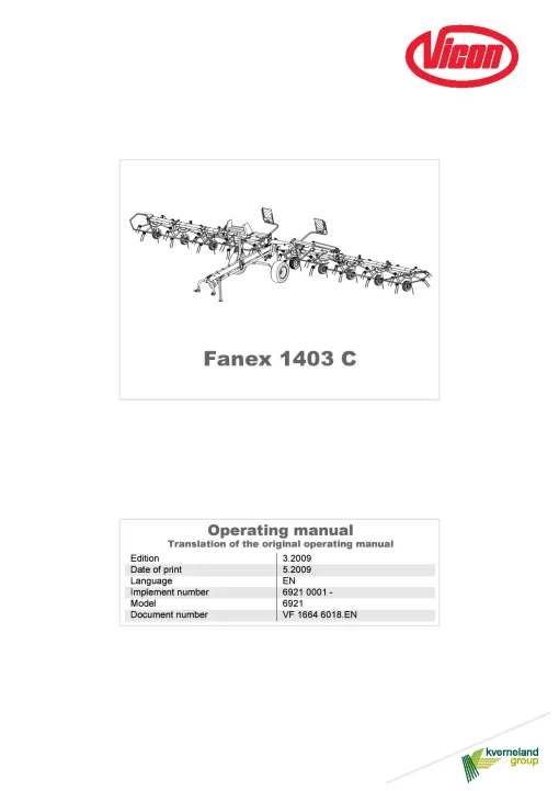 Vicon Fanex 1403C Tedders 2009 Operation Maintenance Manual PDF download