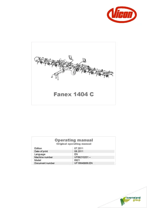 Vicon Fanex 1404C Tedders 2011 Operation Maintenance Manual PDF download